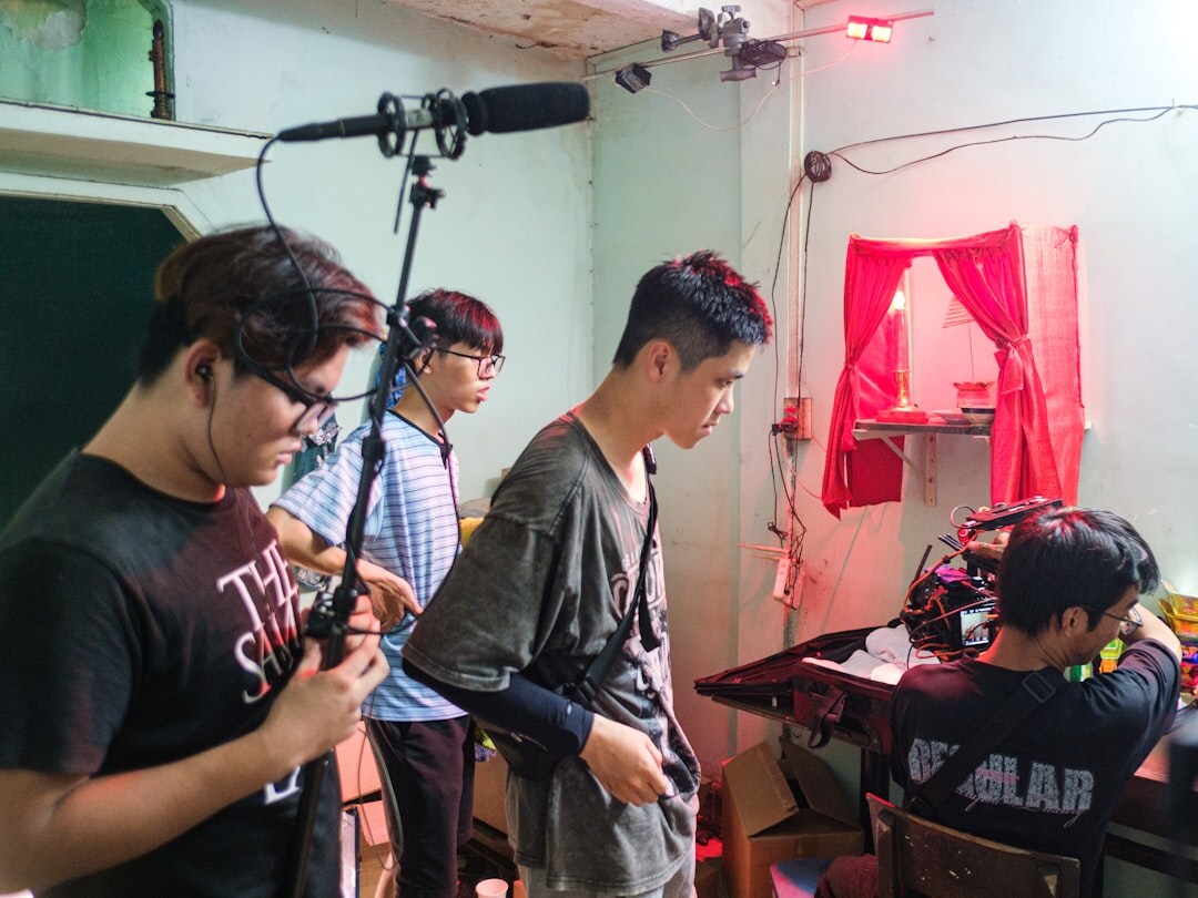 Group of students working together in a television studio